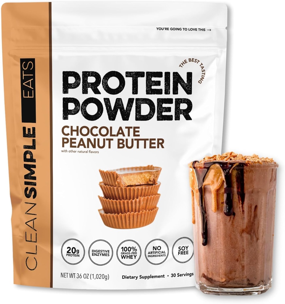 Clean Simple Eats Whey Protein Powder, Chocolate Peanut Butter Flavor Naturally Sweetened, 100% Grass Fed Protein Powder with Digestive Enzymes & No Artificial Ingredients, Gluten Free, 30 Servings