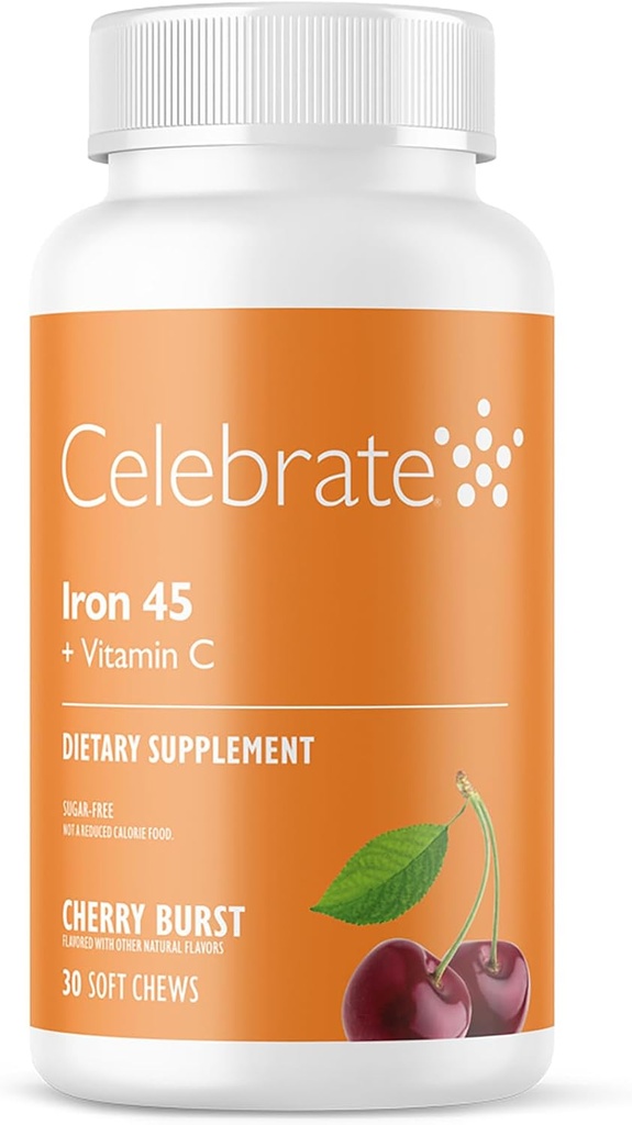 Celebrate Vitamins Iron Supplement with Vitamin C - 45mg Iron, 60mg Vitamin C, Bariatric Vitamins for WLS Patients, Vertical Sleeve & Gastric Bypass Surgery - Cherry, 30 Soft Chews