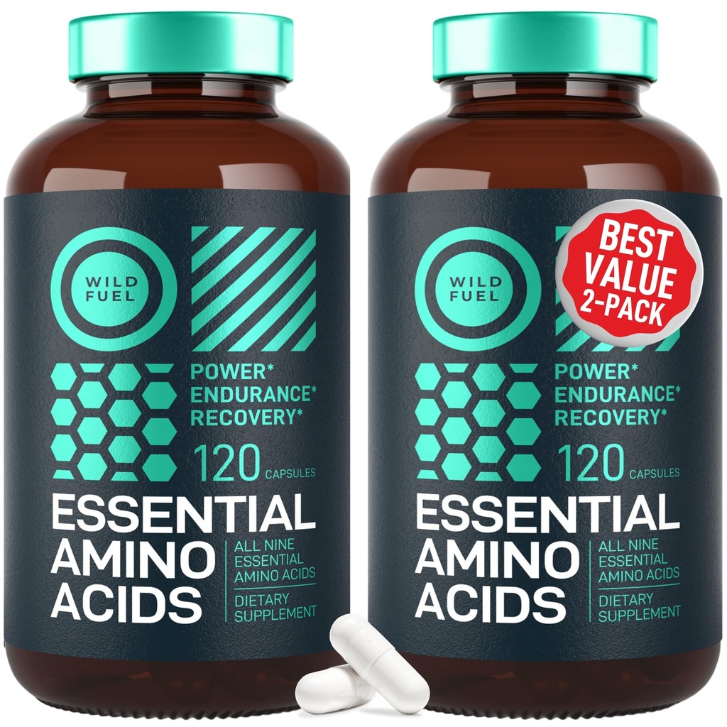 WILD FUEL Essential Amino Acids Supplement for Women and Men - All 9 BCAAs Amino Acid Complex for Power and Recovery - EAA Lysine, Tryptophan, Isoleucine - 2 Pack 240 Vegan BCAA Capsules