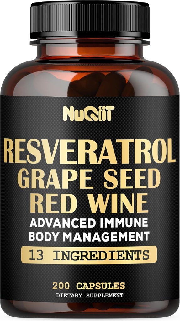 Trans Resveratrol Supplement with Red Wine Extract, Immune & Body Management Complex - Echinacea, Garlic Bulb, Berberine HCI, Milk Thistle & More - 200 Capsules for 100 Servings