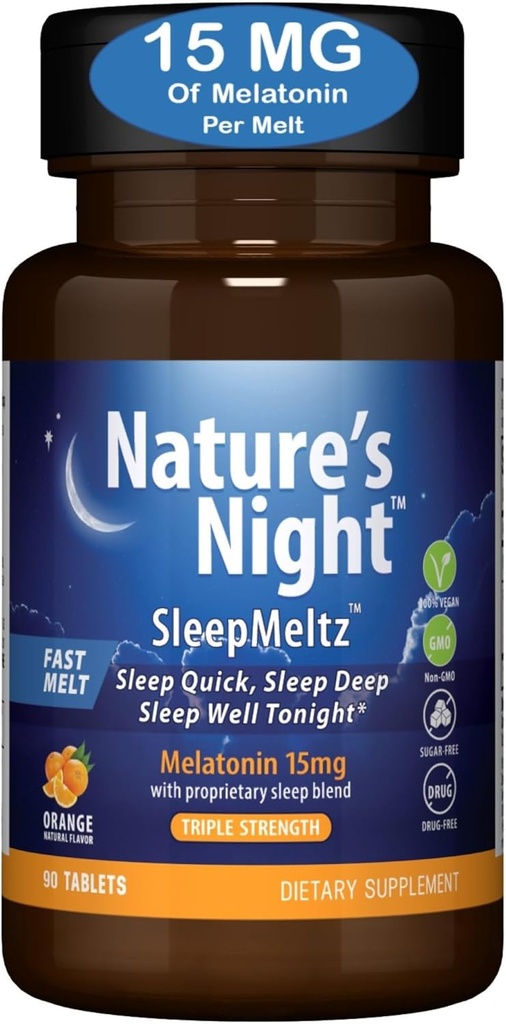 Nature's Night Triple Strength Quick Dissolve Melatonin 15mg with Supportive Blend | Natural Orange Flavor | 90 Count | Sugar Free, Vegan, Non-GMO, Drug Free