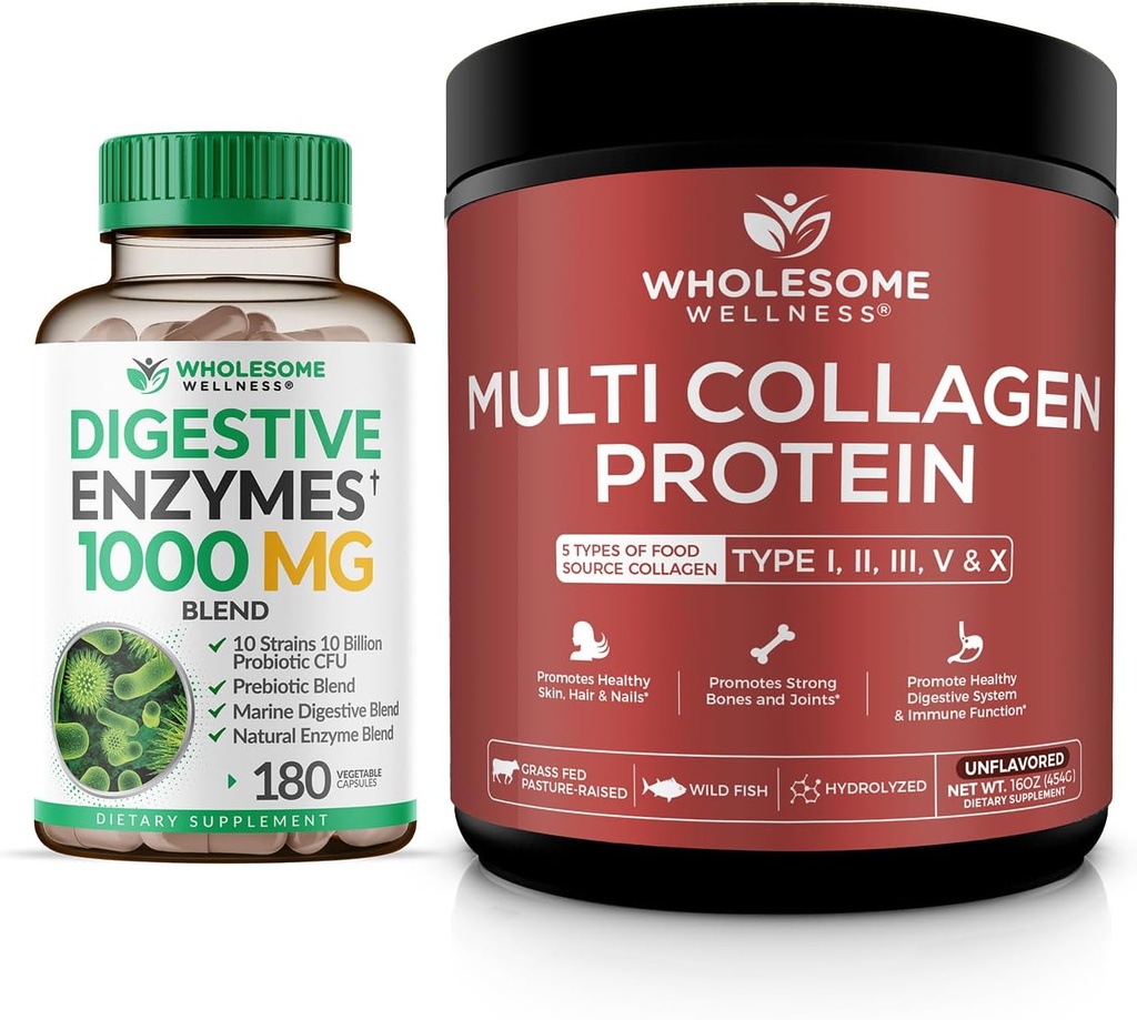 Wholesome Wellness Digestive Enzymes 1000MG Plus Prebiotics & Probiotics Supplement + Multi Collagen Protein Powder Hydrolyzed (Type I II III V X) Bundle
