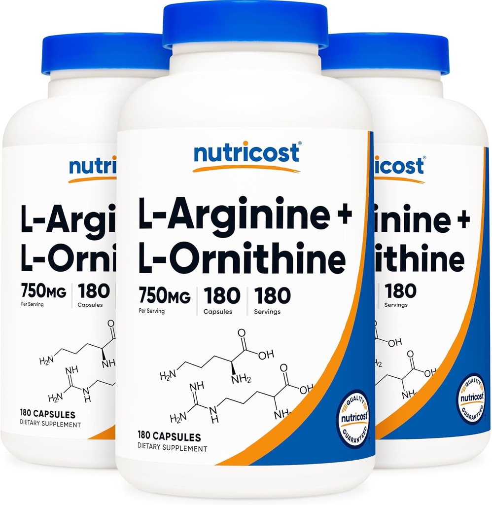 Nutricost L-Arginine L-Ornithine 750mg; 180 Capsules (3 Bottles)