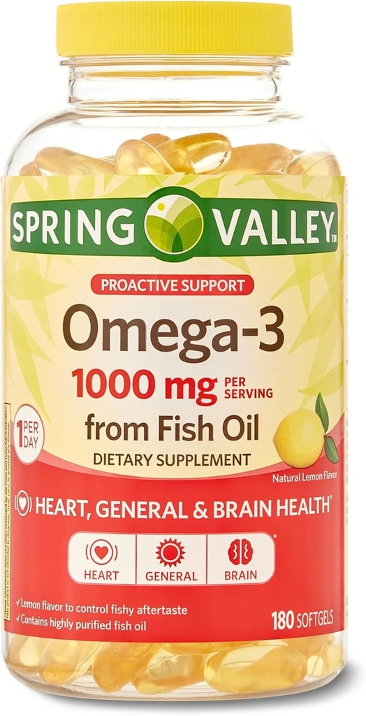 Spring Valley Omega-3 1000 mg from Fish Oil, Heart, Brain Health, Lemon,180 Softgels