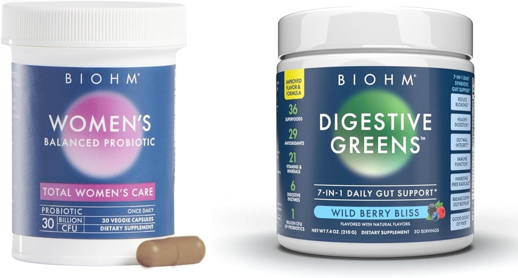 BIOHM Women's Probiotics 30B CFU & Super Greens/Kids Berry Blast Bundle: Gut & Overall Health Support, 9 Strains, 30-Day Supply, Rich in Antioxidants