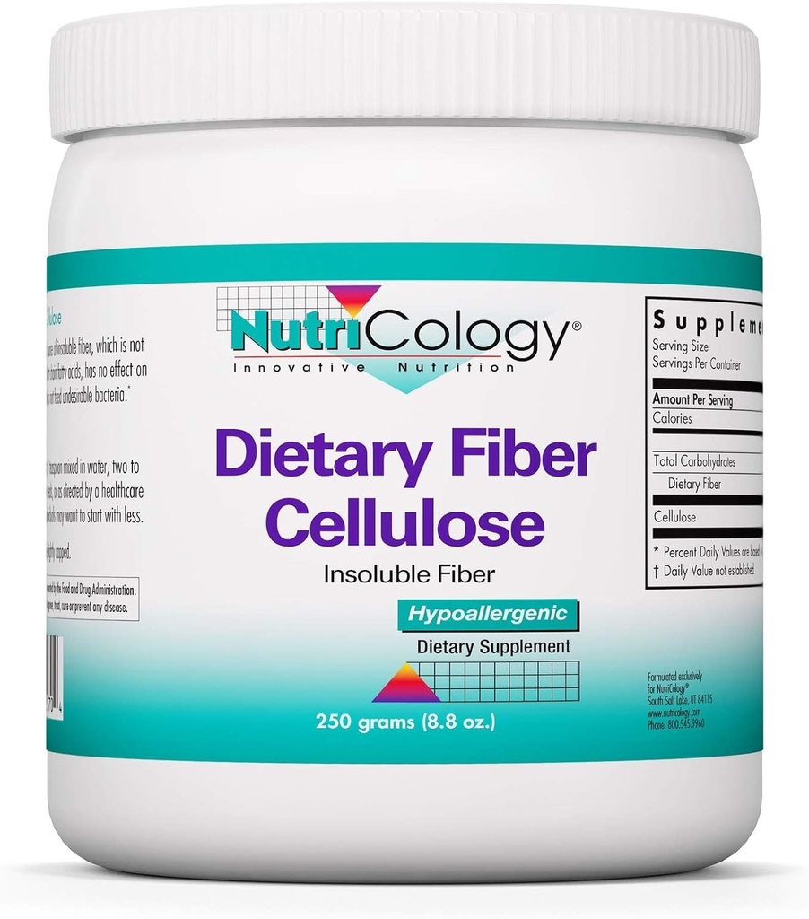 Nutricology Dietary Fiber Powder - 2000mg Insoluble Fiber Supplement, Microcrystalline Cellulose Powder, Powdered Cellulose, Non-Fermentable, Hypoallergenic - 8.8 Oz
