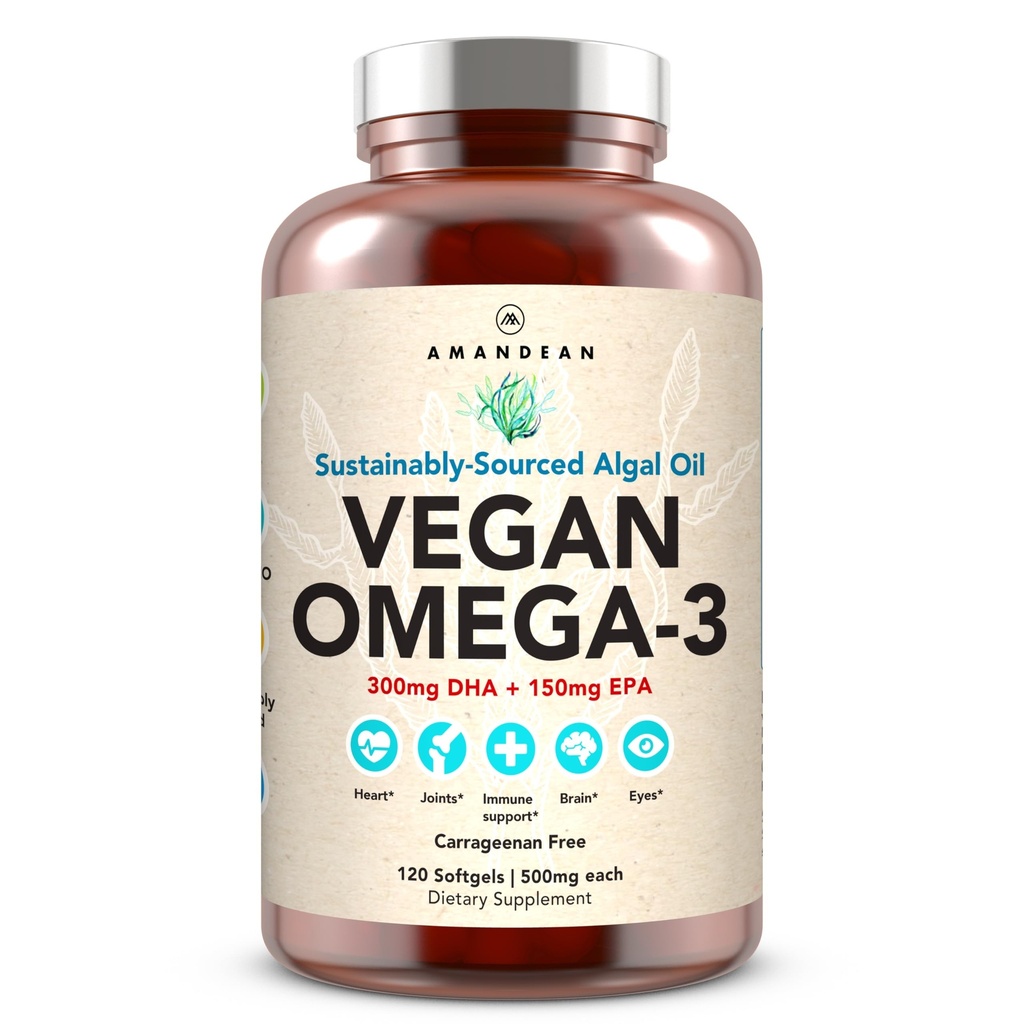 AMANDEAN Vegan Omega 3 Supplement. Premium Fish Oil Alternative. Algae DHA & EPA. Carrageenan Free Softgels. Algal Essential Fatty Acids. Plant Based Heart, Brain, Eye, Skin, Immune Support. (120ct)