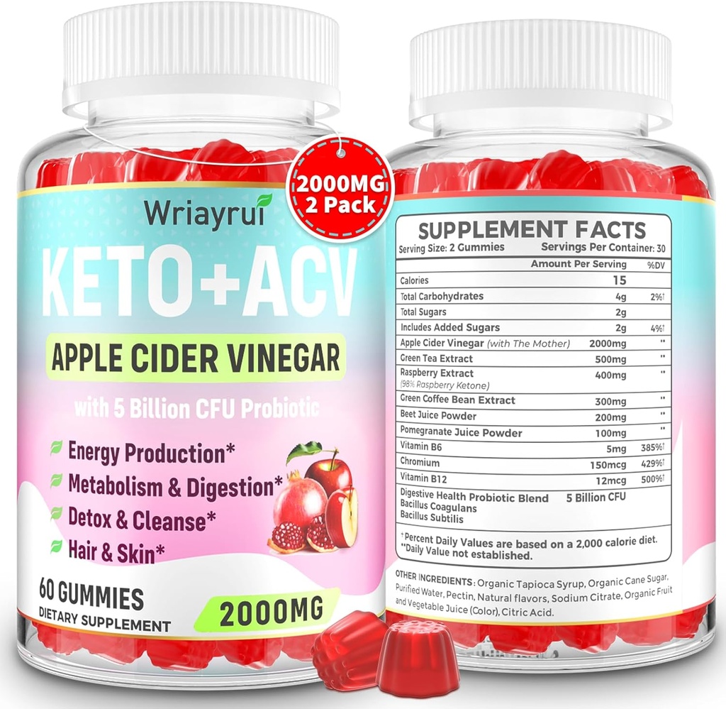 Keto ACV Gummies with Probiotics & Vitamin B12, 2000mg Apple Cider Vinegar Gummies with Mother, for Metabolism, Digestion, Detox & Cleanse, Sugar Free, Vegan-Friendly, 120 Gummies