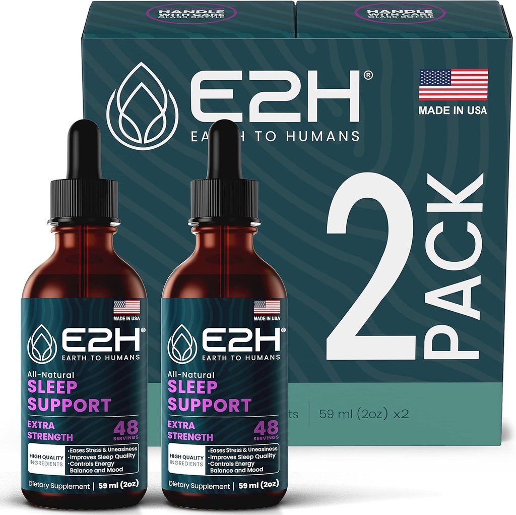 E2H Natural Sleep Aid - Liquid Melatonin with Chamomile, Theanine - Sleep Better, Deeper, Longer - Vegan, Gluten Free - Provides Stress Relief (2 Bottles)