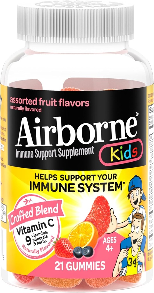 Airborne Vitamin C 500mg (per Serving) Kids Assorted Fruit Flavored Gummies (21 Count in a Bottle), Gluten-Free Immune Support Supplement with Vitamins A C E, Selenium, Echinacea & Ginger