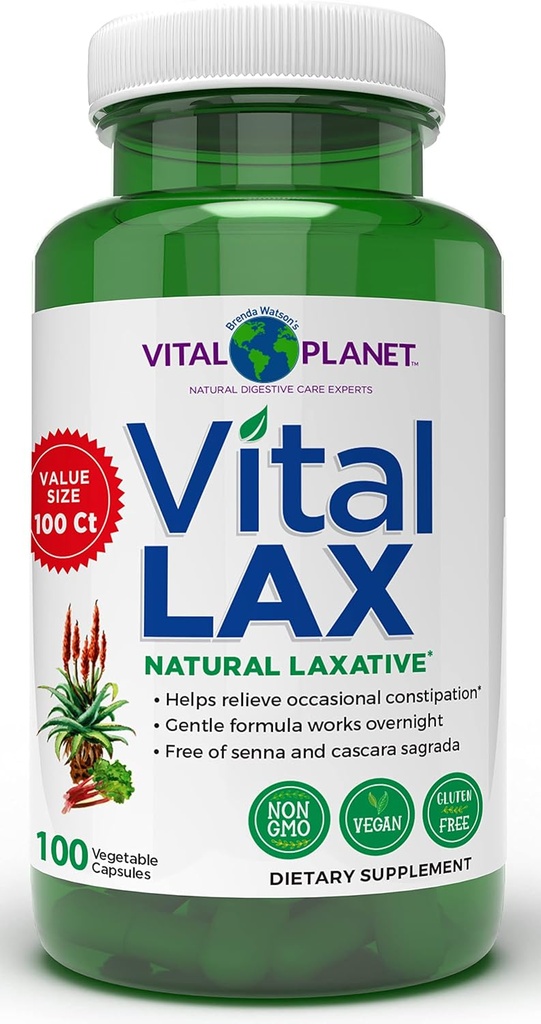 Vital Planet - Vital Lax Natural Laxative Cleanse Supplement for Occasional Constipation, with Magnesium Hydroxide, Slippery Elm, Aloe, and Triphala to Support Bowel Regularity 100 Capsules