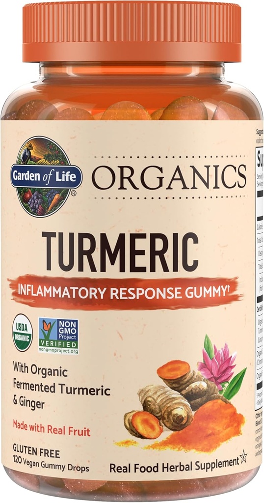 Garden of Life Organics Turmeric Inflammatory Response Gummy - 120 Real Fruit Gummies for Kids & Adults, 50Mg Curcumin (95% Curcuminoids), No Added Sugar, Organic, Non-GMO, Vegan & Gluten Free