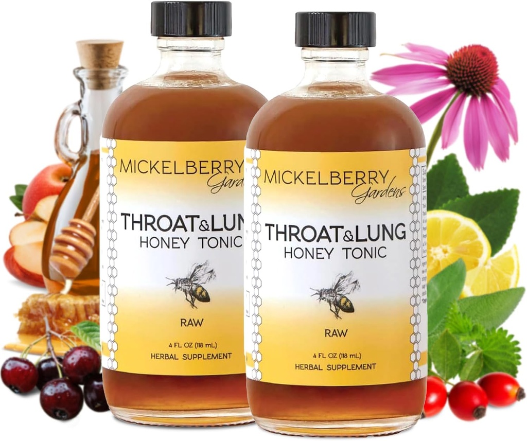 Mickelberry Gardens Throat & Lung Honey Tonic: Wellness Syrup, Natural Sore Throat Relief, Immune Support & Cough Suppressant for Adults & Kids (4 oz, 2 Pack)