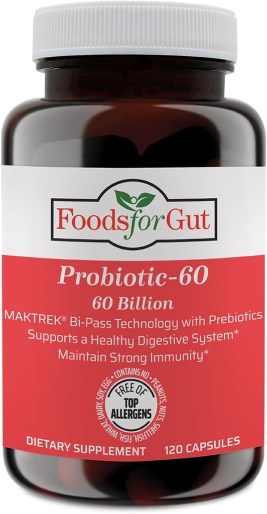 Foods For Gut Probiotic Capsules 60 Billion Cfu's | MAKTrek Bipass Technology | Digestive & Immune Support 120 Capsules