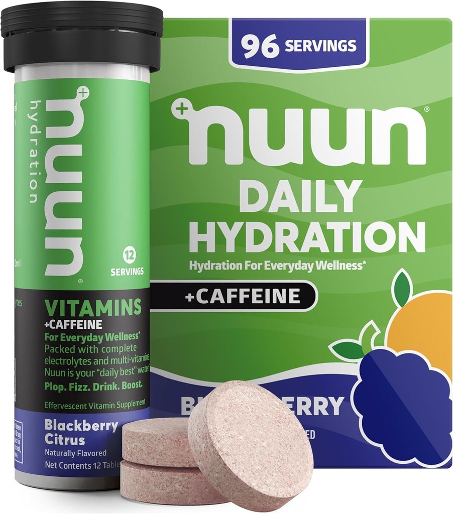 Nuun Vitamins + Caffeine Electrolyte Tablets with Vitamin D, C, E, A, & B6, Folic Acid, Magnesium & 4 Other Essential Electrolytes, Gluten Free & Vegan, Blackberry Citrus, 8 Pack (96 Servings Total)
