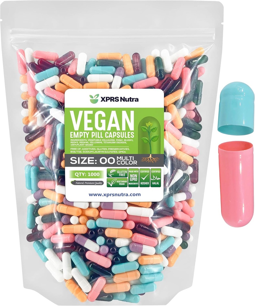 XPRS Nutra Size 00 Empty Capsules - 1000 Count Empty Vegan Capsules - Vegetarian Empty Pills - DIY Vegetable Capsule Filling- Veggie Pill Caps (Multi Color)
