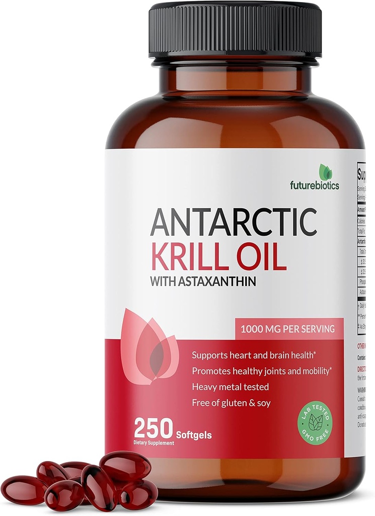 Futurebiotics Antarctic Krill Oil 1000mg with Omega-3s EPA, DHA, Astaxanthin and Phospholipids - 100% Pure Premium Krill Oil Heavy Metal Tested, Non GMO – 250 Softgels (125 Servings)