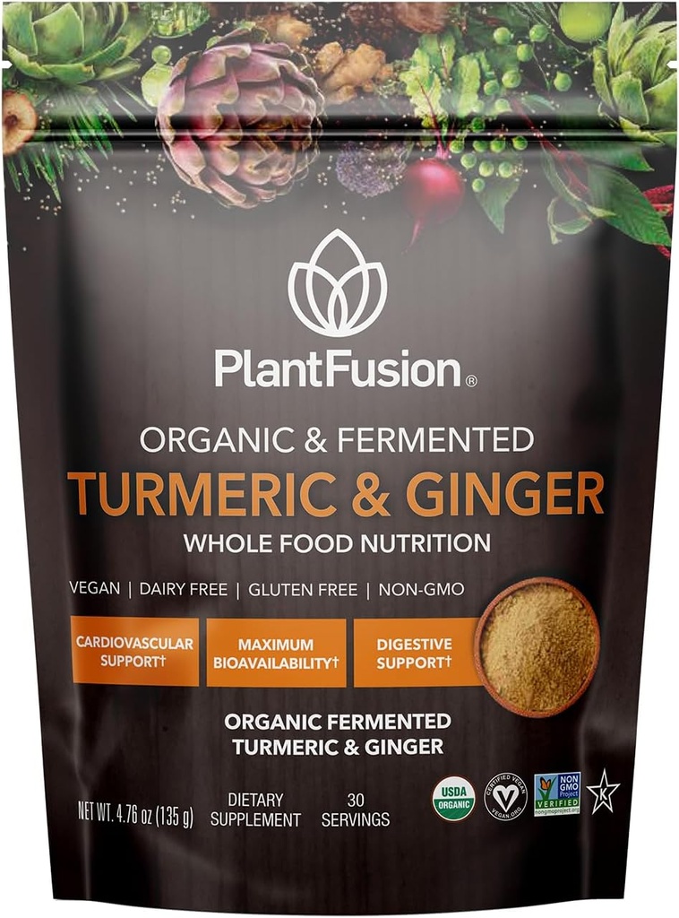 PlantFusion Turmeric and Ginger Drink Mix - Fermented Whole Food Nutrition, Herbal Supplement Powder with Curcuminoids - USDA Certified Organic, Non-GMO, Vegan, Gluten-Free, 4.76 oz 30 Servings