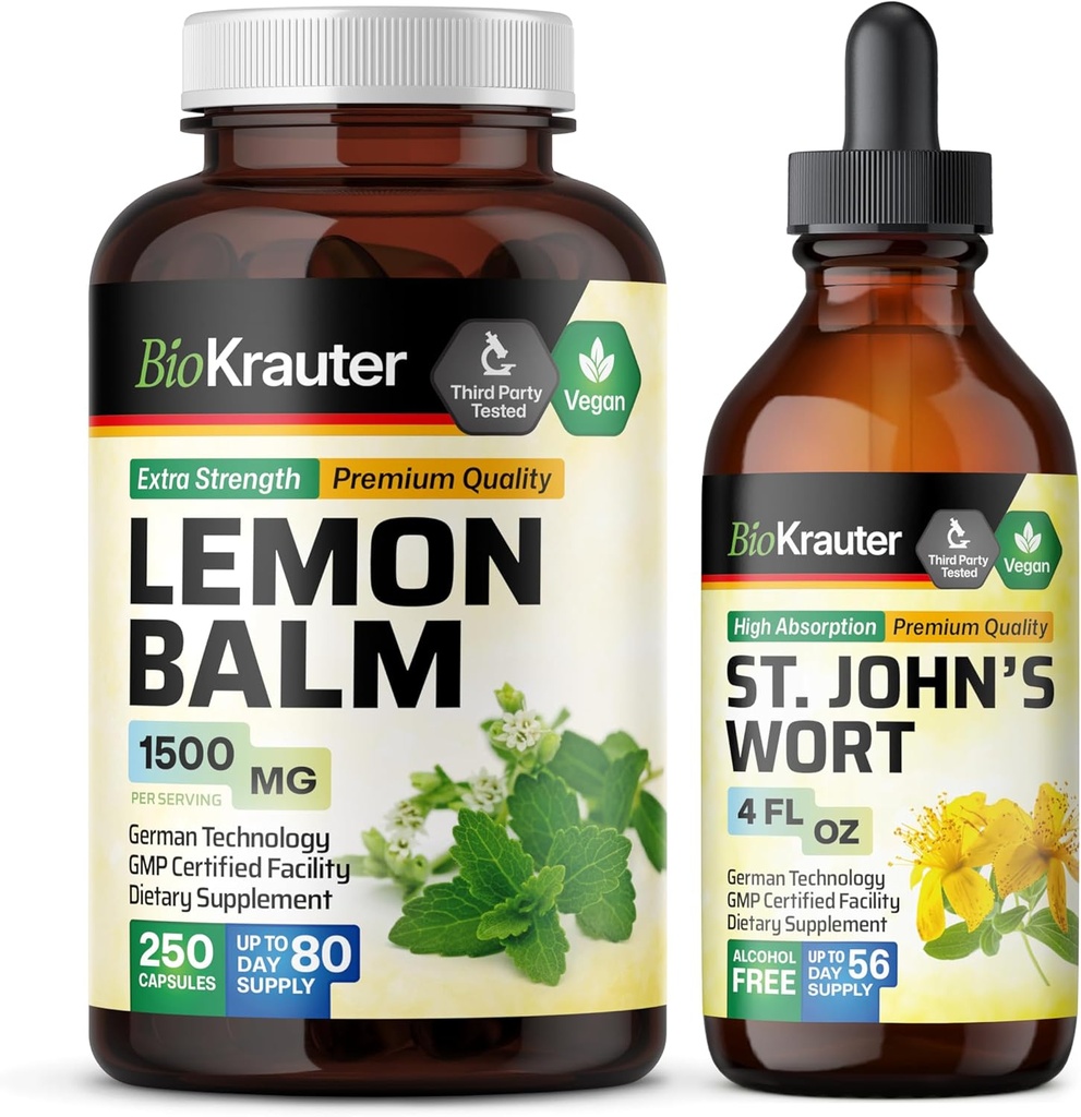 BIO KRAUTER Lemon Balm 250 Capsules & St. John’s Wort Tincture 4 Fl. Oz.