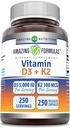 Amazing Formulas Vitamin D3 5000 IU with Vitamin K2 100 Mcg| 250 Veggie Capsules | D3 + K2 Complex | Non-GMO | Gluten Free | Made in USA