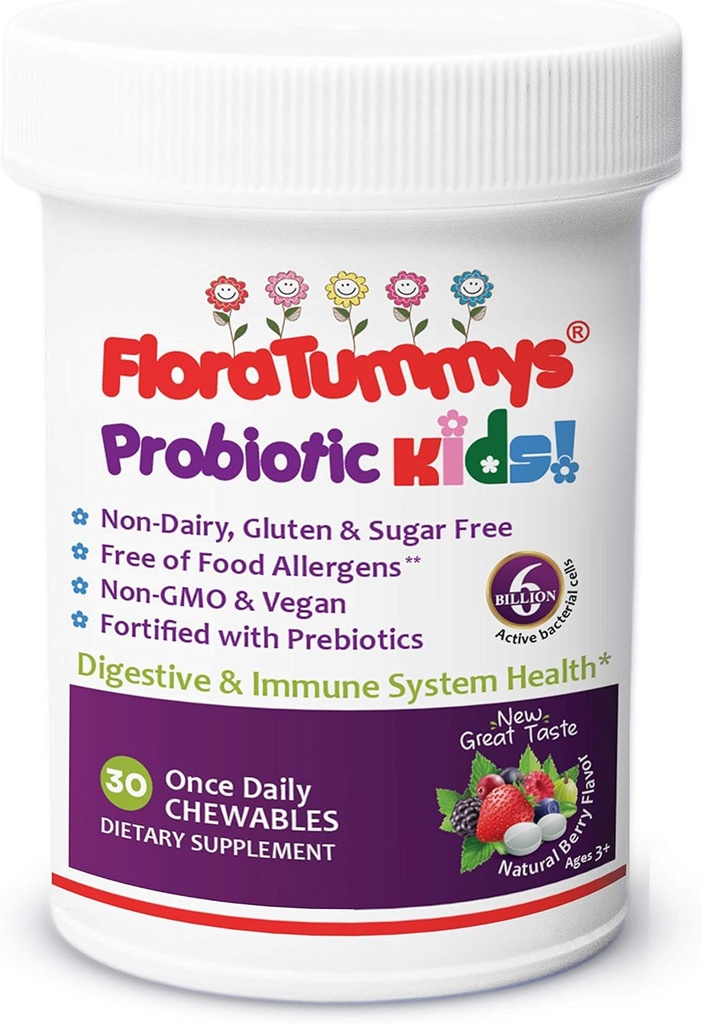 FloraTummys Kids Chewable Probiotic Prebiotics: Non-Dairy, Gluten & Sugar-Free, Peanut & Soy Free, Non-GMO, Tested & Free of Food Allergens, Vegan, Kosher, Berry Flavor(1 Bottle)