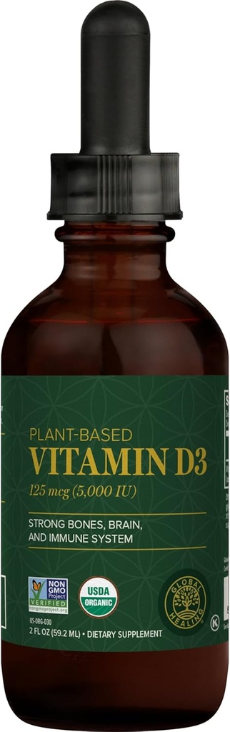 Global Healing Center - USDA Organic Vitamin D3 5000IU Liquid Supplement Drops for Women & Men - Non-GMO Helps Support Bones & Immune System, Vegan-Friendly Formula Delivers Active Form of Vitamin D