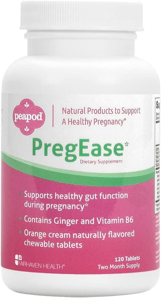 Fairhaven Heath Peapod PregEase Morning Sickness Supplement for Pregnant Women - Sweet Orange Chewable Tablets with Ginger and Vitamin B6-2 Month Supply