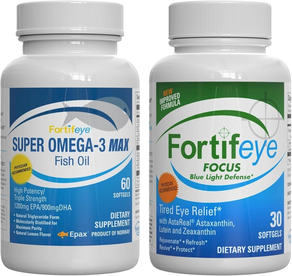 Fortifeye Blue Light and Heart Health Support Bundle | Super Omega-3 Max Fish Oil, 60 Softgels, and Focus Blue Light Defense, 30 Softgels