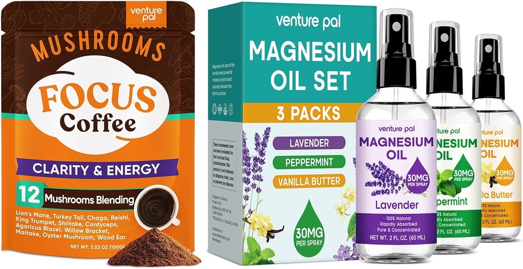 Venture Pal Mushroom Coffee & Magnesium Oil Spray Bundle: 12 in 1 Coffee with Ashwagandha for Focus & Immunity + 3 Packs Pure Magnesium Spray for Relaxation, Sleep & Muscle Relief - 40 Servings