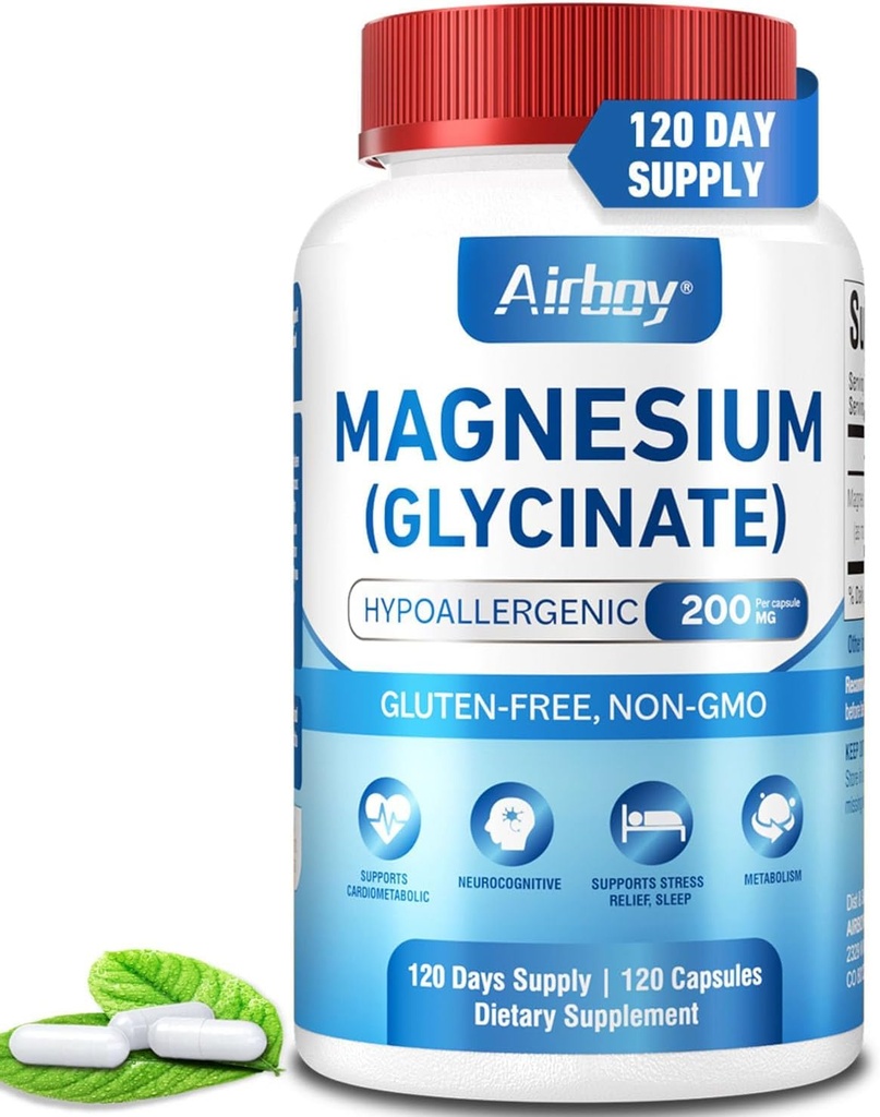 Airboy Magnesium Glycinate 200 mg, Best Magnesium Glycinate for Sleep,120 Vegan Small Capsules, High Absorption Support Relaxation, Sleep and Calm Mood,Non-GMO and No Gluten