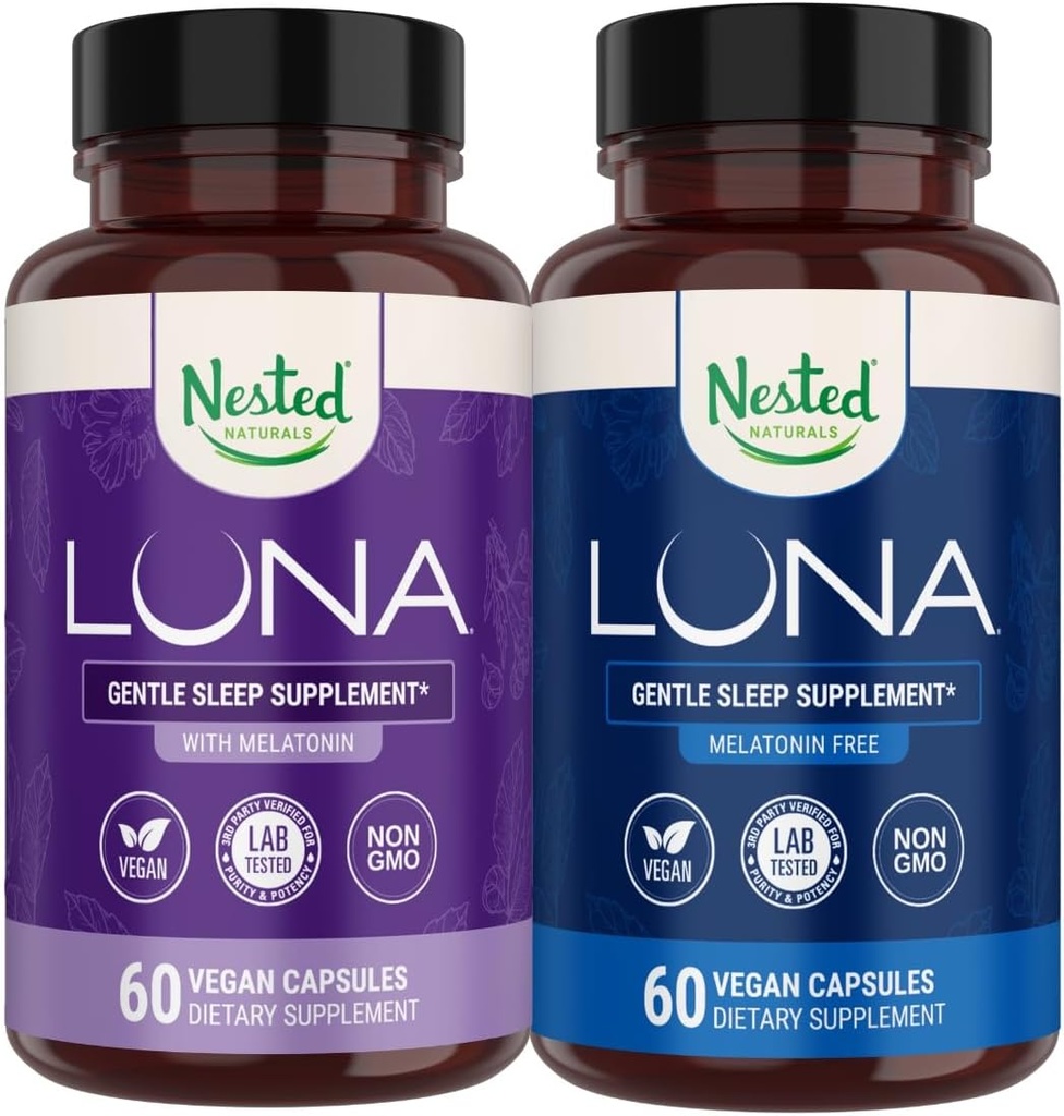 Nested Naturals Luna Sleep Aid Bundle | Luna & Luna Melatonin-Free Sleeping Pills with Natural Ingredients Melatonin, Valarien, & More (120 Count)
