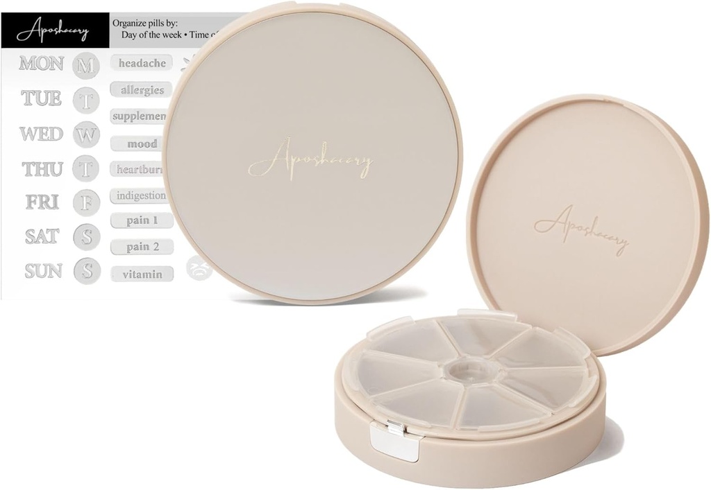 7 Compartments Pill Case, Pill Box, Daily Pill Organizer, Travel Pill Organizer, Medication Organizer, Customizable Pill Dispenser with Label Stickers (Pearl Cream)