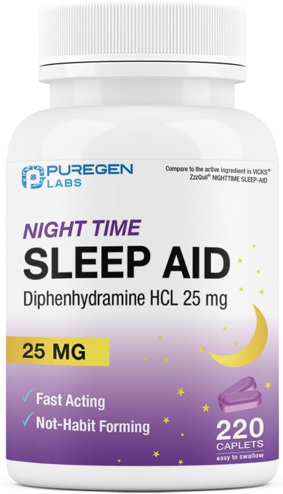 Puregen Labs Sleep Aid Caplets, Diphenhydramine HCl 25mg - 220 Count | Supports Deeper, Restful Sleeping, Non Habit-Forming | Made in USA