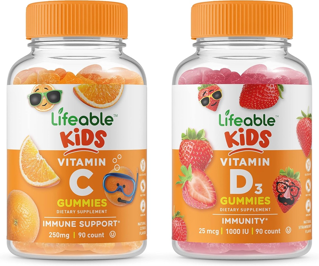 Lifeable Vitamin D Kids + Vitamin C Kids, Gummies Bundle - Great Tasting, Vitamin Supplement, Gluten Free, GMO Free, Chewable Gummy