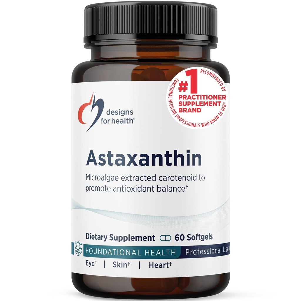 Designs for Health Astaxanthin - Microalgae (Haematococcus Pluvialis) Extracted Carotenoid Antioxidant Supplement - Support for Cardiovascular, GI, Skin + Eye Health (60 Softgels)