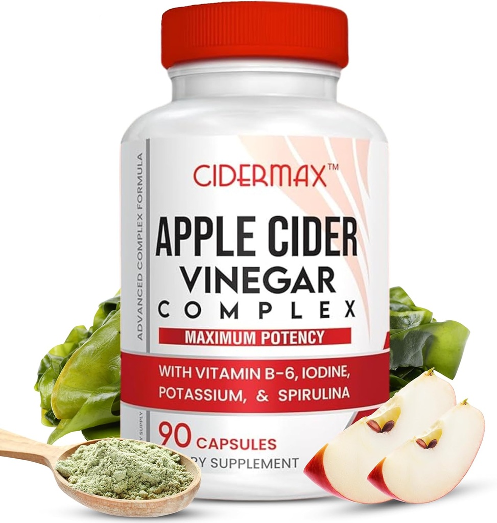 Apple Cider Vinegar Complex Capsules - 90-Day Supply Capsules for Gut Support, Balanced Weight & Body Detox - All Natural Vitamin B6, Kelp, Potassium, & Spirulina Supplement by Cidermax