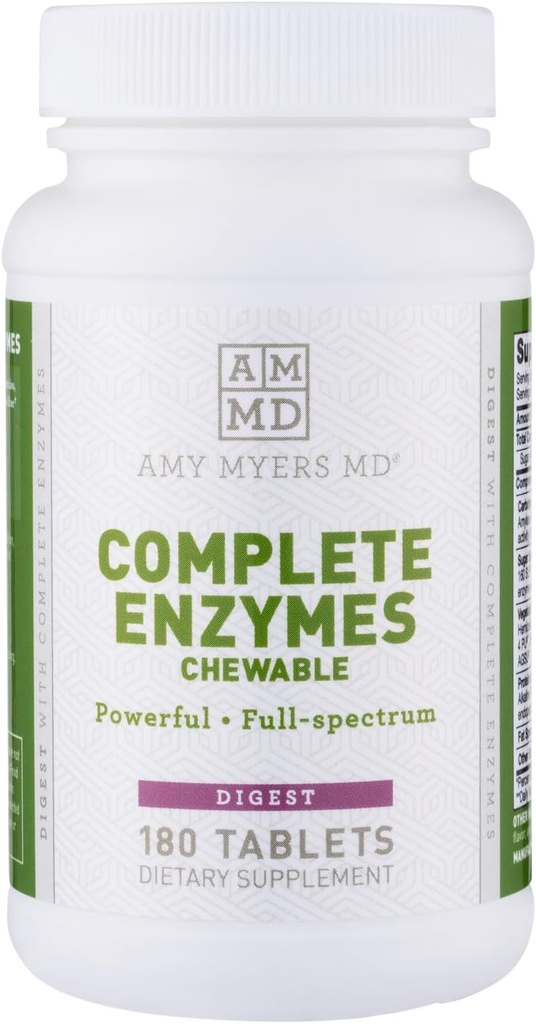 Amy Myers MD Digestive Enzymes Chewable – Complete Enzymes Support Leaky Gut, Acid Reflux, Gas, Bloating, Gluten Exposure – Amylase, Lipase, Lactase, Alkaline, Protease, Sucrase + More – 180 Tablets