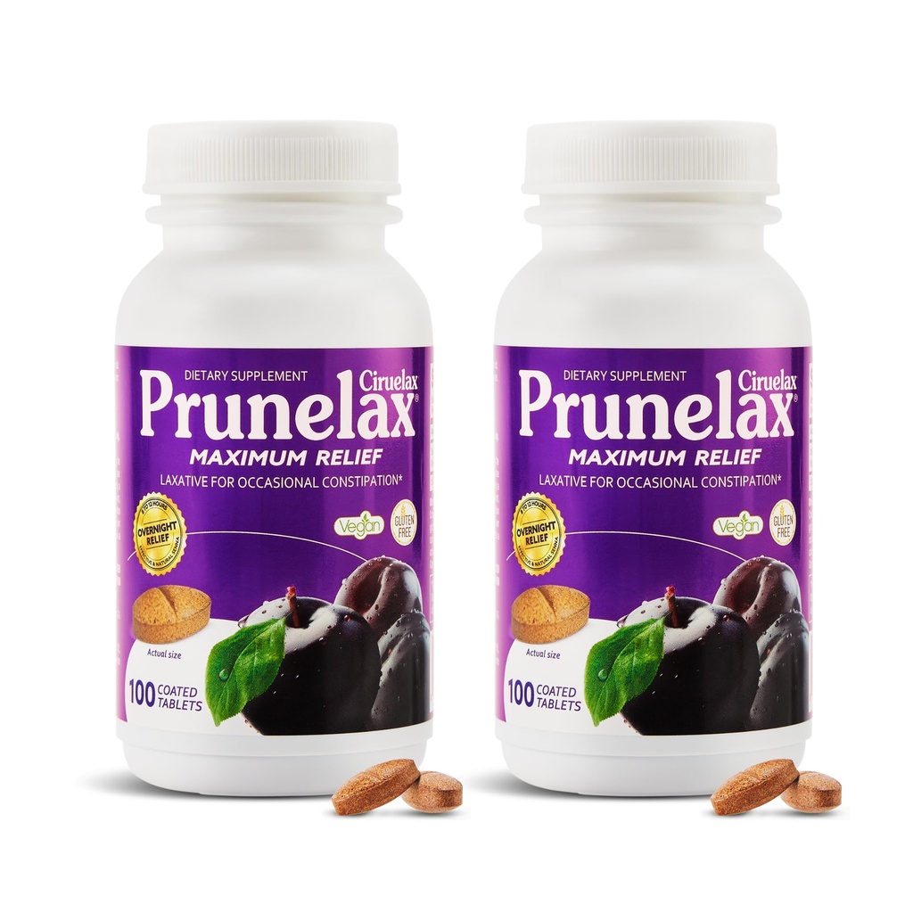 Prunelax Maximum Relief - 200 Tablets Size - Laxative Tablets with Natural Senna for Occasional Constipation, Senna Extract, Vegan & Gluten-Free, Gentle Overnight Relief