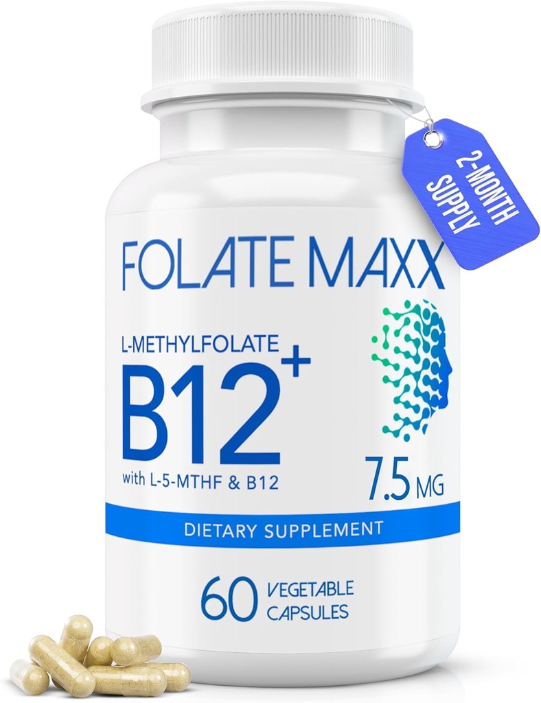 L-Methylfolate + B12 Methylcobalamin Blend 7.5mg - 60 Capsules - Active Folic Acid & Methylated B12-5-MTHF & B12 Supplement for Men & Women - Non GMO, Gluten Free, No Fillers