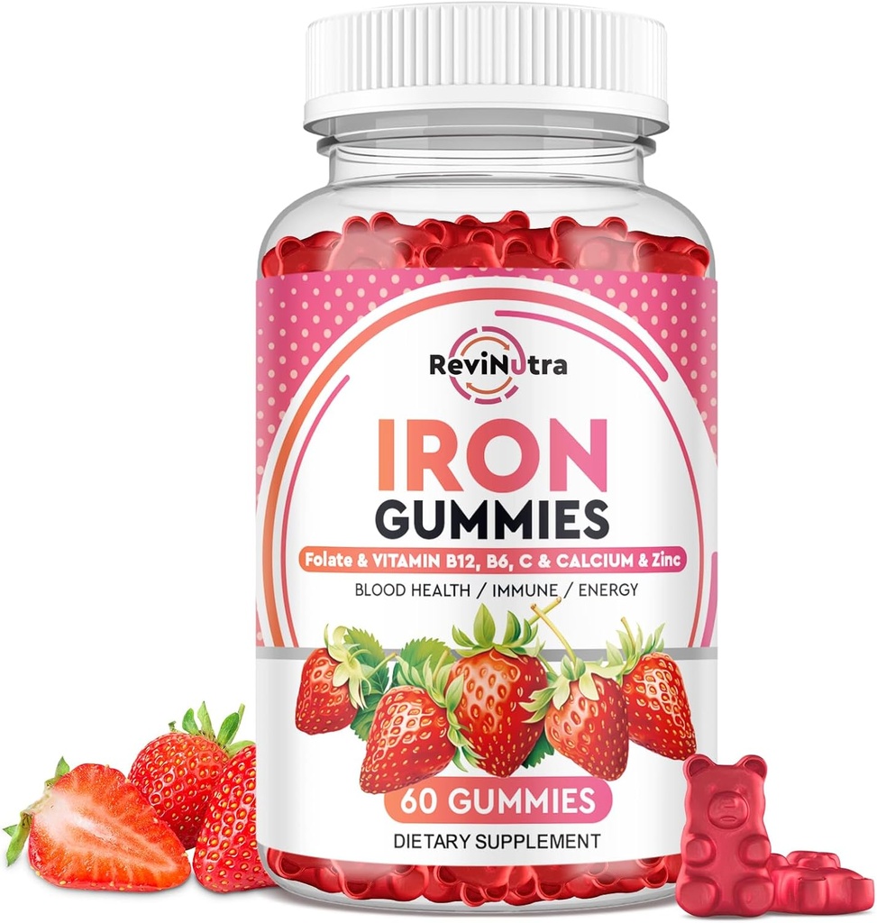 Iron Gummies - with Calcium, Zinc, Folate & Vitamin B12, C,B6 for Adults & Kids - Blood Builder & Energy Support for Iron Deficiency, Anemia, Vegan - 60 Gummies
