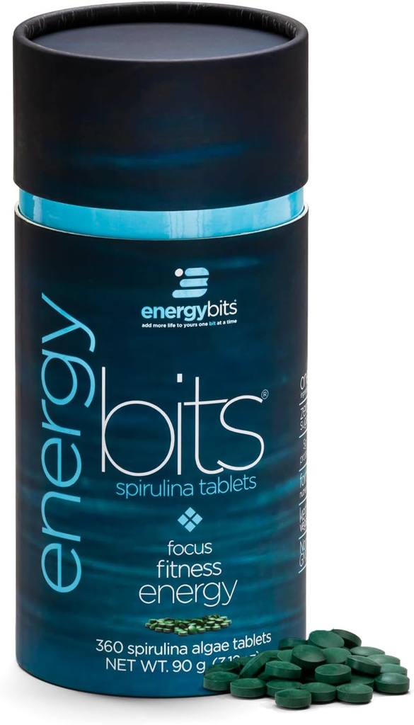 ENERGYBITS - Organic Spirulina Tablets - Plant-Based Algae Superfood - for Focus, Fitness, Energy - Plant Protein - Gluten Free - Collagen, Vitamin B12, Omega 3 - Keto & Vegan - 360 Algae Tablets