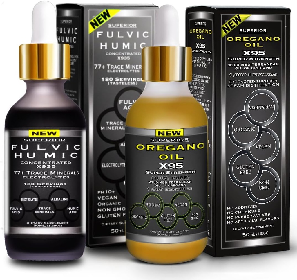Fulvic Humic Acid Ionic Trace Minerals with Electrolytes Liquid Supplement Plus Oregano Oil Drops Super Strength More Versatile Then Oil of Oregano Softgels and Capsules