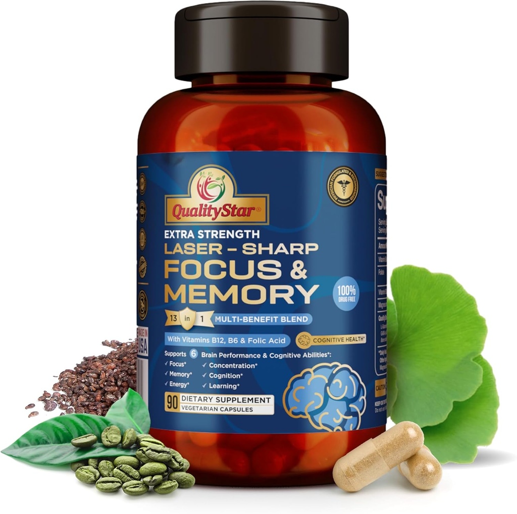 Focus and Memory Vitamins, 13-in1 Multi-Benefit Blend for Cognitive and Brain Health, Memory Supplement for Brain, 90 Vegetarian Capsules