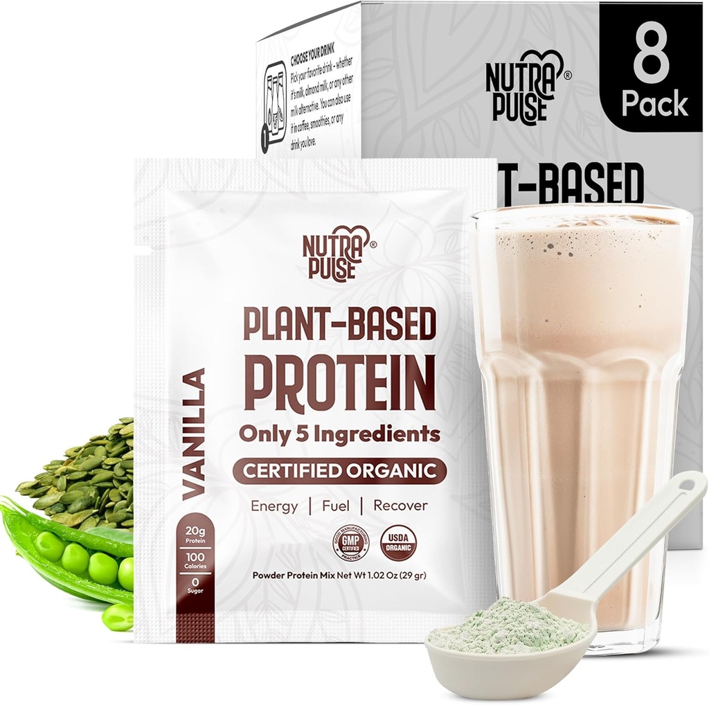 Organic Vegan Protein Powder Sample Pack - Plant-Based Protein, Gluten-Free, Non GMO, 20g Protein Per Serving, Great for Smoothies & Shakes (Vanilla, Pack of 8)