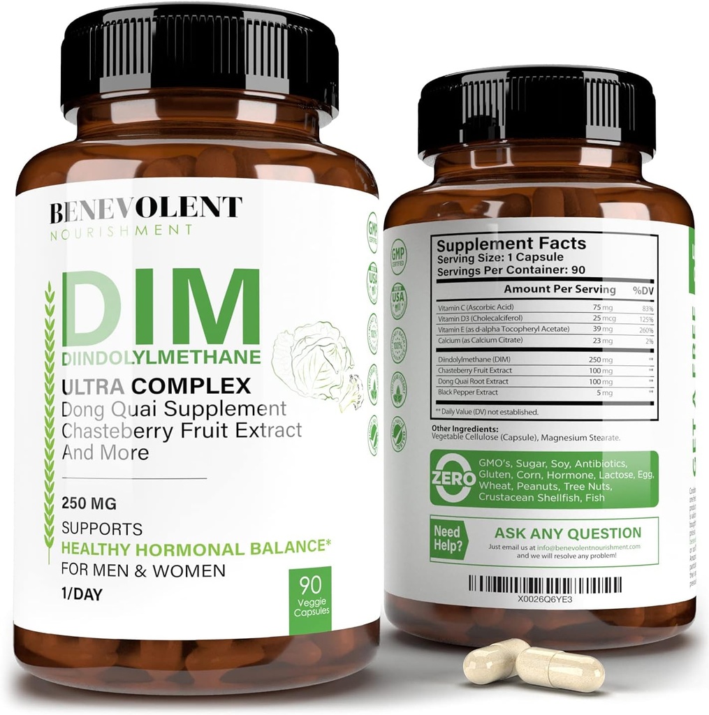 Benevolent Nourishment Maximum Strength DIM Supplement 250mg – 90 Vcaps Diindolylmethane Ultra Complex Plus Chasteberry, Dong Quai Extract + More