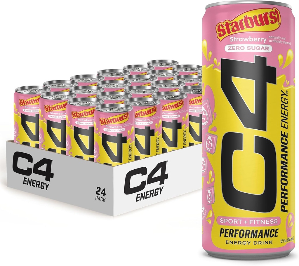 Cellucor C4 Performance Energy Drink | STARBURST Strawberry | Zero Sugar Carbonated Preworkout Energy | 200mg Caffeine with Beta Alanine | 12 Fl Oz (24 Pack)