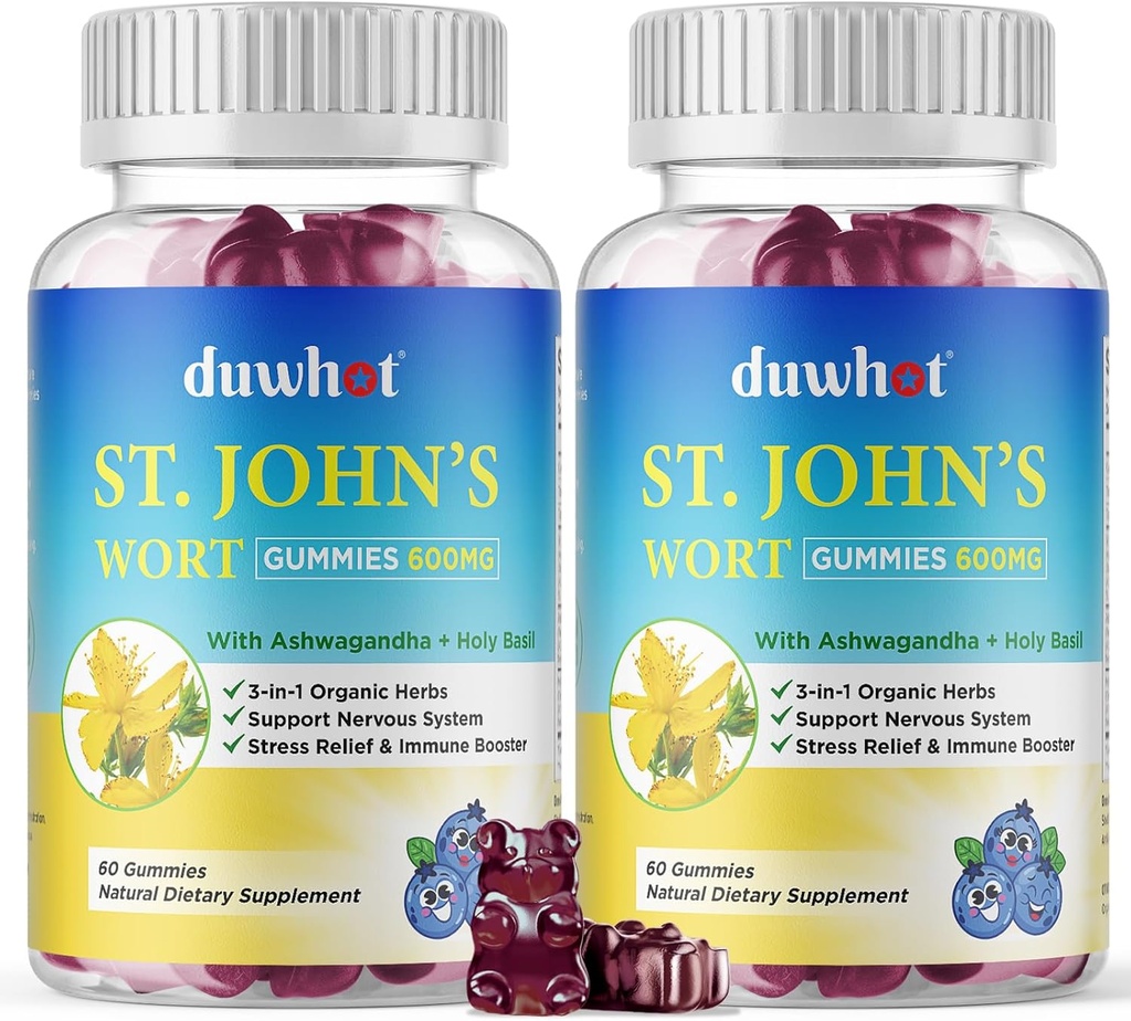 St John's Wort Gummies 600mg, 3 in 1 Organic Herbal Supplements for Stress Relief, Nervous System Support, with Ashwagandha & Holy Basil Extract for Adults & Kids, Non-GMO, Vegan, 120 ct.