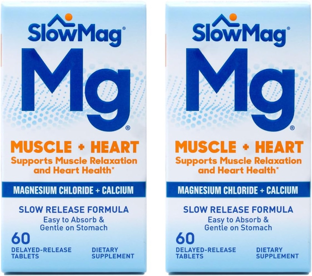 SlowMag Mg Muscle + Heart, Supports Muscle Relaxation and Heart Health. Magnesium Chloride + Calcium, Slow-Release Tablets, Easy to Absorb and Gentle on The Stomach. 60 Count (Pack of 2)