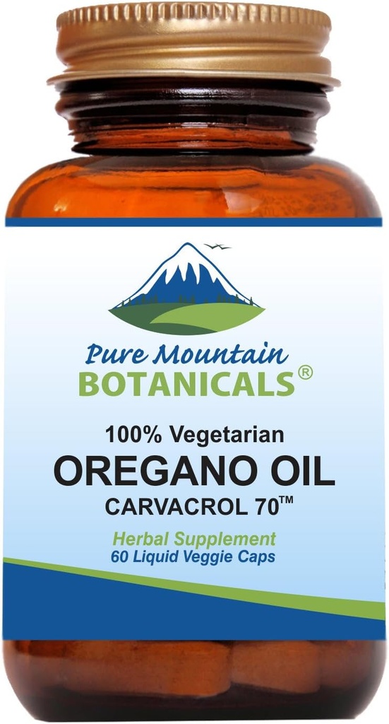 Pure Mountain Botanicals Wild Oregano Oil Capsules - 60 Kosher Vegan Caps Now with 510mg Mediterranean Oil of Oregano Supplement