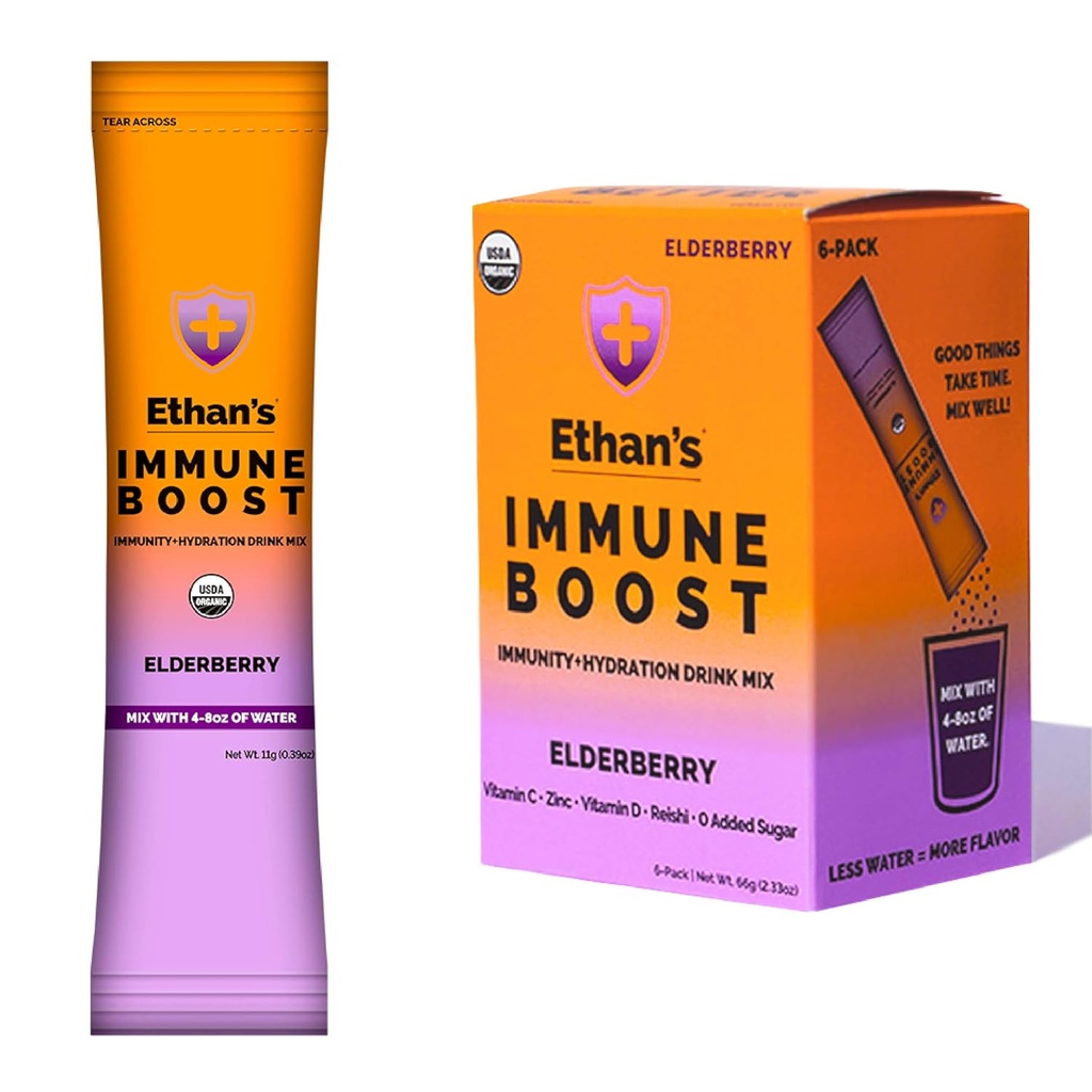 Ethan's Organic Drink Mix, Elderberry Flavor, Immunity Support and Hydration Powder Packets, Made with Real Fruit, Vitamin C, Vitamin D, Zinc, No Added Sugar (6 Pack)